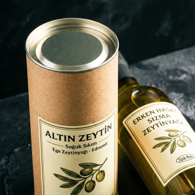Zeytinyağı şişesi için metal kapaklı kraft silindir kutu