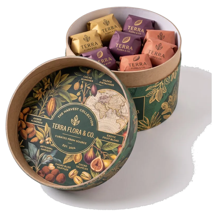 Chocolate box lid held in the hand, brand pattern printed on the inside face of the lid disc