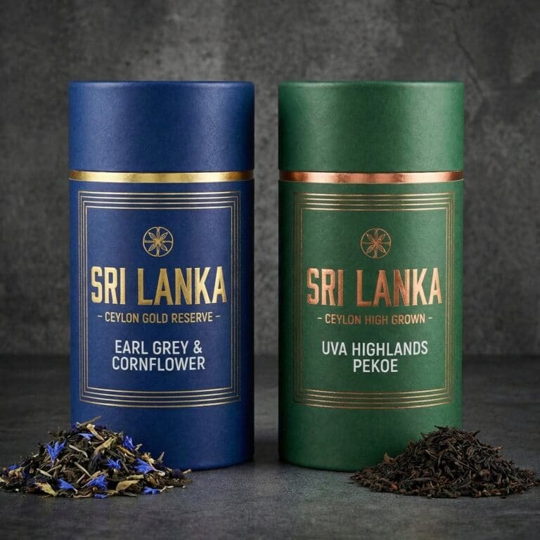 Two printed cardboard tubes used as packaging for loose leaf tea