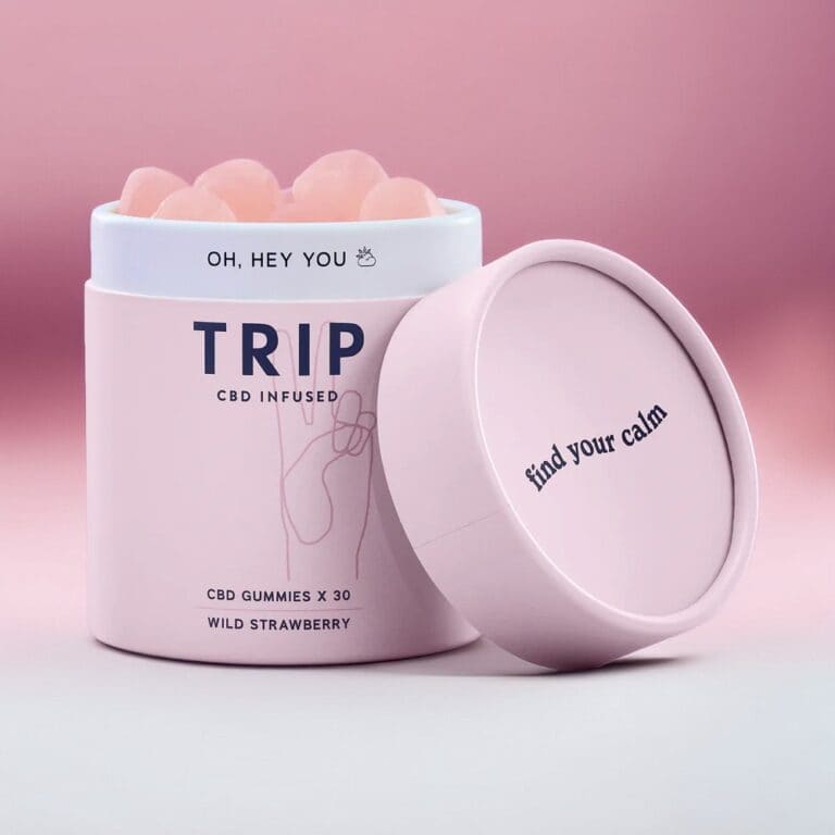 Printed paper tube packaging for CBD wellness gummies, lid removed